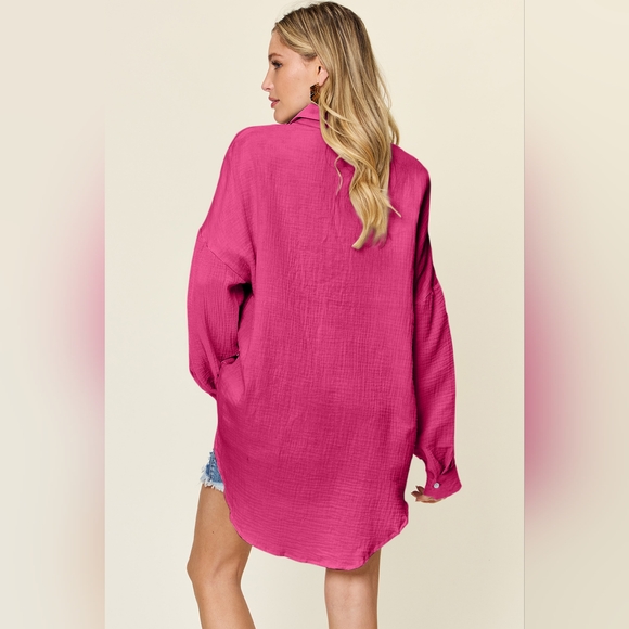 Double Take Full Size Pocketed Texture Button Up Shirt - Picture 3 of 5